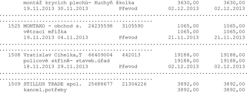 2013 04.11.2013 Převod 21.11.2013 21.11.2013 1508 Vratislav Cihelka,T 66409004 442013 19188,00 19188,00 policové skříně- staveb.