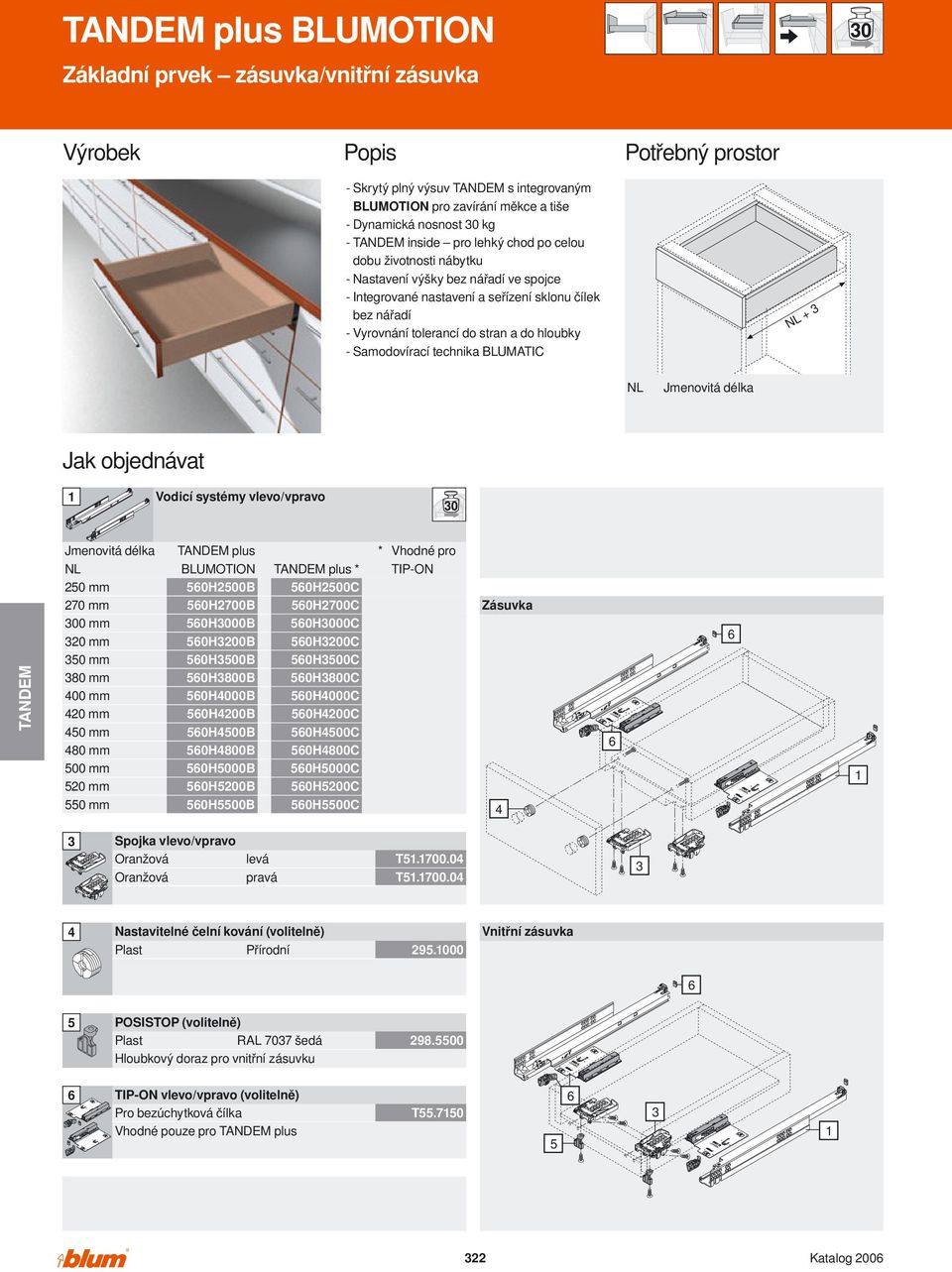 technika BLUMTIC + Jak objednávat Vodicí systémy vlevo/vpravo plus BLUMOTION plus * * Vhodné pro TIP-ON 250 mm 270 mm 00 mm 20 mm 50 mm 80 mm 00 mm 20 mm 50 mm 80 mm 520 mm 550 mm 50H2500B 50H2700B