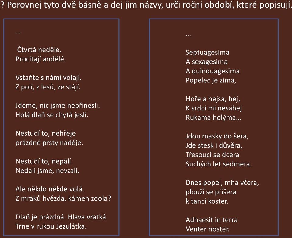 Z mraků hvězda, kámen zdola? Dlaň je prázdná. Hlava vratká Trne v rukou Jezulátka.