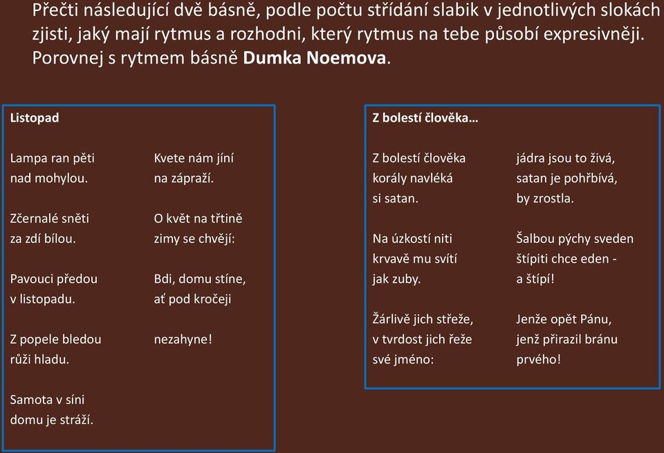 Kvete nám jíní na zápraží. O květ na třtině zimy se chvějí: Bdi, domu stíne, ať pod kročeji nezahyne! Z bolestí člověka jádra jsou to živá, korály navléká satan je pohřbívá, si satan.