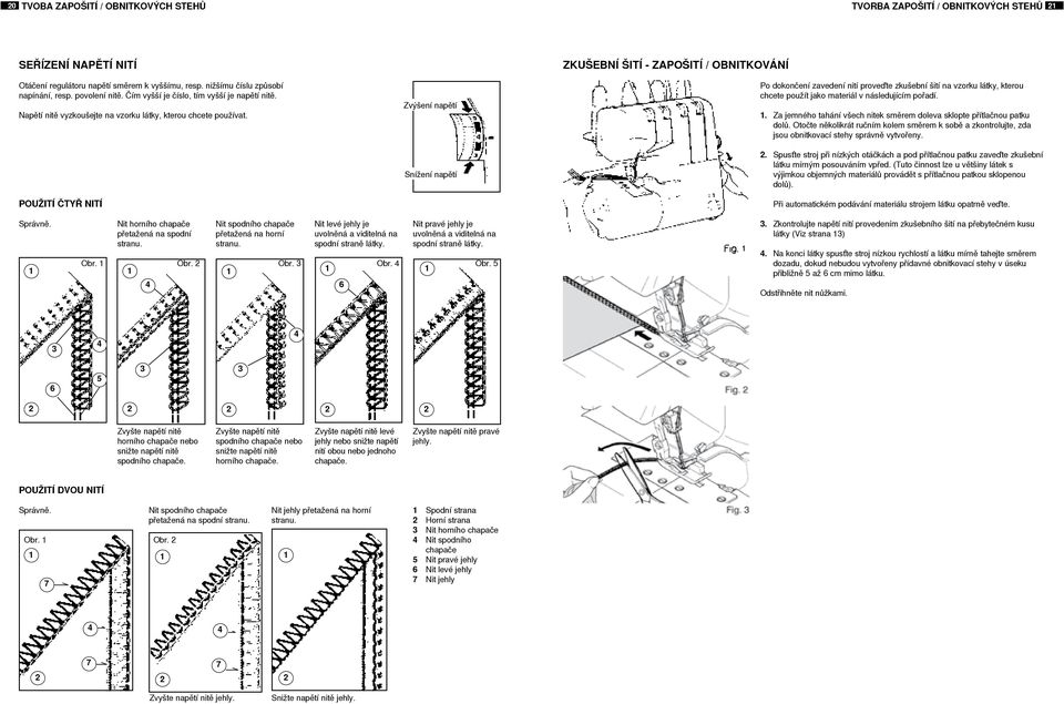 POUŽITÍ ČTYŘ NITÍ Zvýšení napětí Snížení napětí Zkušební šití - zapošití / obnitkování Po dokončení zavedení nití proveďte zkušební šití na vzorku látky, kterou chcete použít jako materiál v