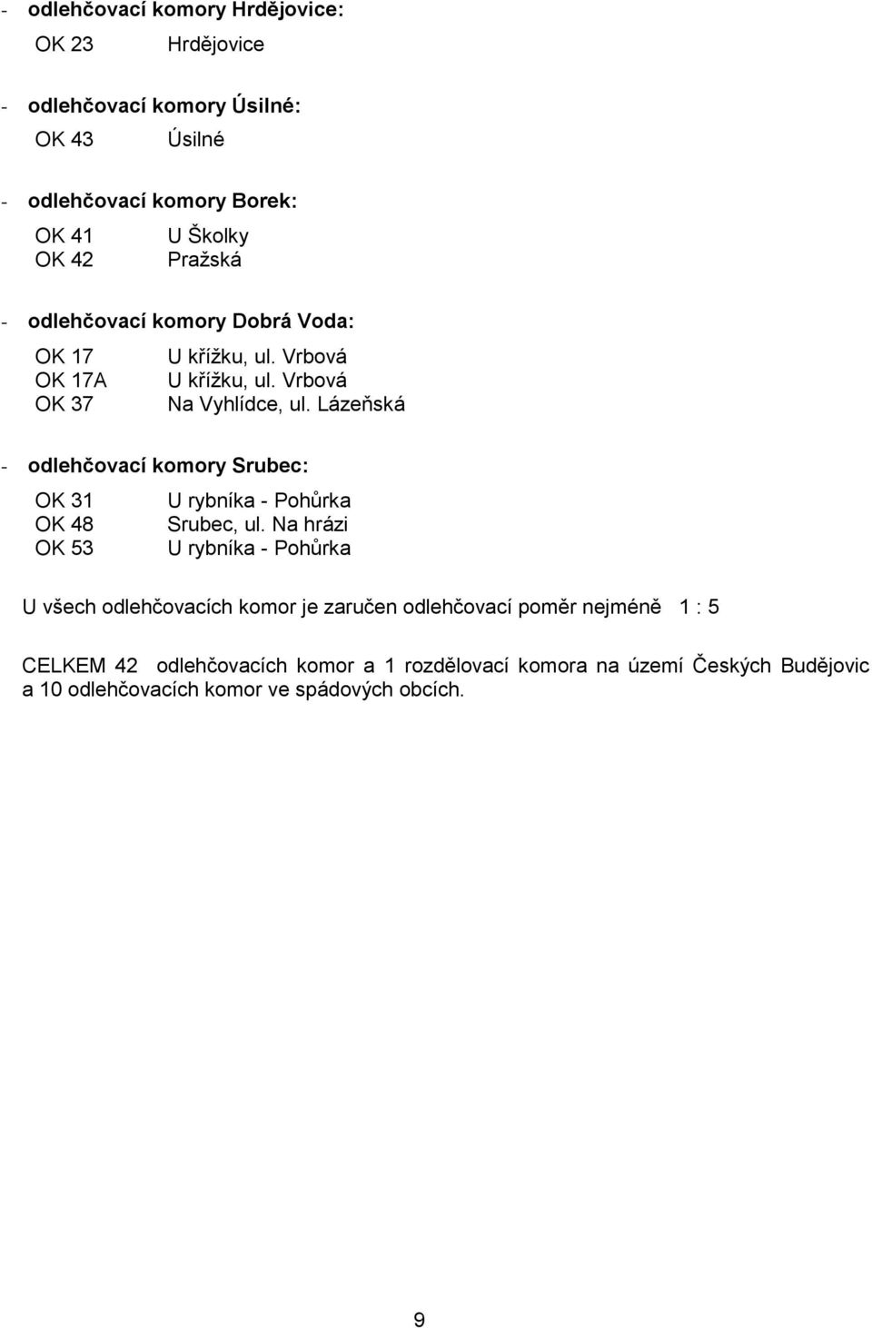 Lázeňská - odlehčovací komory Srubec: OK 31 U rybníka - Pohůrka OK 48 Srubec, ul.