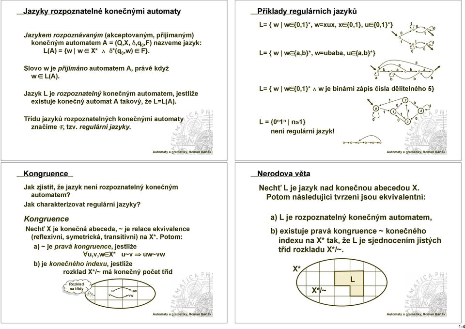 reglární jzyky. Příkldy reglárních jzyků L= { w w {,}*, w=xx, x {,}, {,}*} L= { w w {,}*, w=, {,}*} L= { w w {,}* w je inární zápis čísl dělitelného 5} L = { n n n } není reglární jzyk!