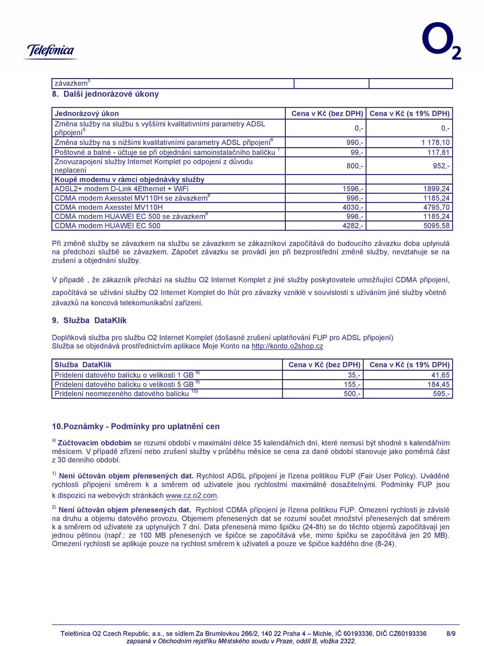 kvalitativními parametry ADSL připojení 6 990,- 1 178,10 Poštovné a balné - účtuje se při objednání samoinstalačního balíčku 7 99,- 117,81 Znovuzapojení služby Internet Komplet po odpojení z důvodu