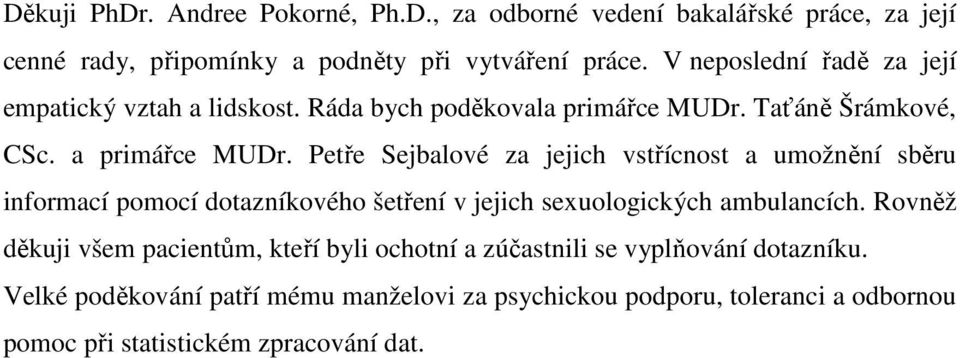 Petře Sejbalové za jejich vstřícnost a umožnění sběru informací pomocí dotazníkového šetření v jejich sexuologických ambulancích.