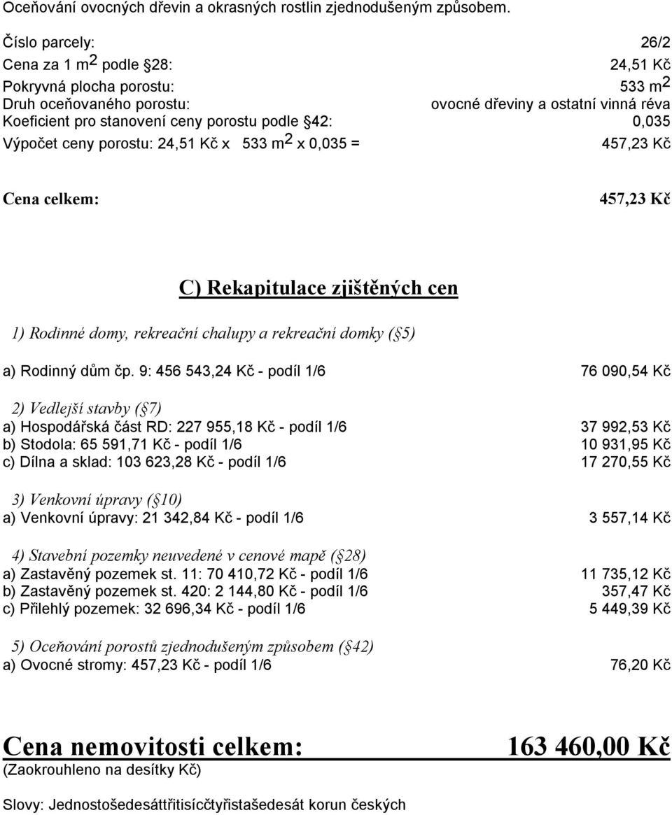 0,035 Výpočet ceny porostu: 24,51 Kč x 533 m 2 x 0,035 = 457,23 Kč 457,23 Kč C) Rekapitulace zjištěných cen 1) Rodinné domy, rekreační chalupy a rekreační domky ( 5) a) Rodinný dům čp.