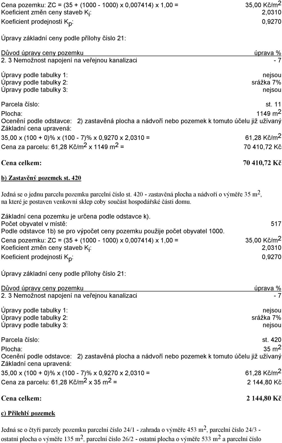 11 Plocha: 1149 m 2 Ocenění podle odstavce: 2) zastavěná plocha a nádvoří nebo pozemek k tomuto účelu již užívaný Základní cena upravená: 35,00 x (100 + 0)% x (100-7)% x 0,9270 x 2,0310 = 61,28 Kč/m