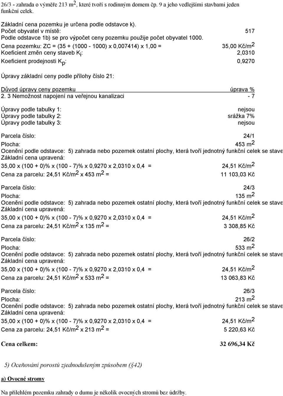 Cena pozemku: ZC = (35 + (1000-1000) x 0,007414) x 1,00 = 35,00 Kč/m 2 Koeficient změn ceny staveb K i : 2,0310 Úpravy základní ceny podle přílohy číslo 21: Důvod úpravy ceny pozemku úprava % 2.
