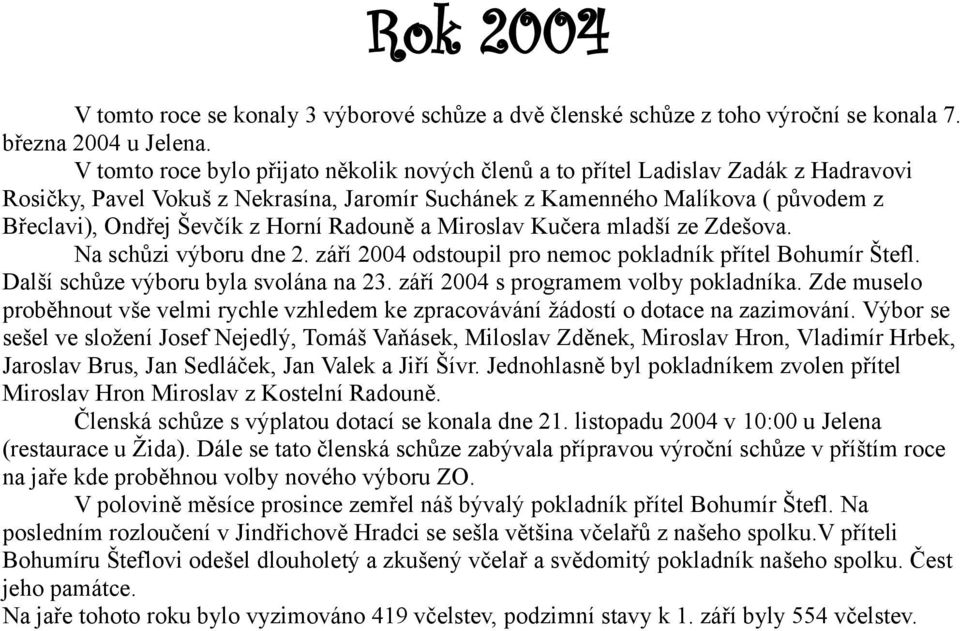 Horní Radouně a Miroslav Kučera mladší ze Zdešova. Na schůzi výboru dne 2. září 2004 odstoupil pro nemoc pokladník přítel Bohumír Štefl. Další schůze výboru byla svolána na 23.