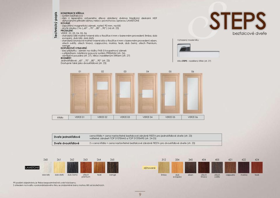 23) PROSKLENÍ: VERZE 02, 03, 04, 05, 06 - standard: bílé matné tvrzené sklo o tloušťce 4 mm v barevném provedení: limba, dub evropský, dub bílý, dub zlatý - standard: bronzové matné tvrzené sklo o