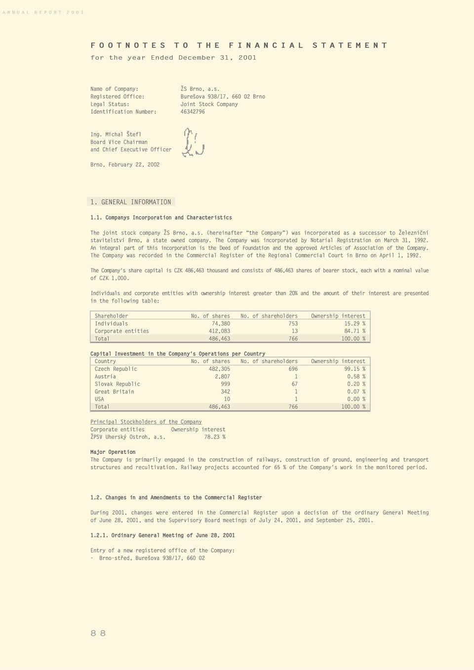 Michal Štefl Board Vice Chairman and Chief Executive Officer Brno, February 22, 2002 1. GENERAL INFORMATION 1.1. Companys 