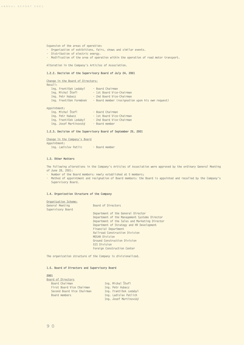 2. Decision of the Supervisory Board of July 24, 2001 Change in the Board of Directors: Recall: Ing. František Ledabyl - Board Chairman Ing. Michal Štefl - 1st Board Vice-Chairman Ing.