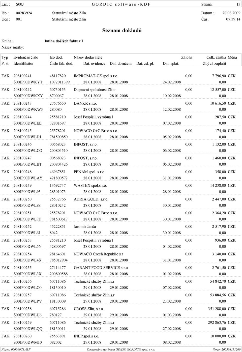 01.2008 28.01.2008 07.02.2008 0,00 FAK 208100245 25578201 NOWACO C+C Brno s.r.o. 0,00 174,40 CZK S00JP00DWLDJ 781500850 28.01.2008 28.01.2008 05.02.2008 0,00 FAK 208100246 00568023 INPOST, s.r.o. 0,00 1 132,00 CZK S00JP00DWLCO 200804510 28.