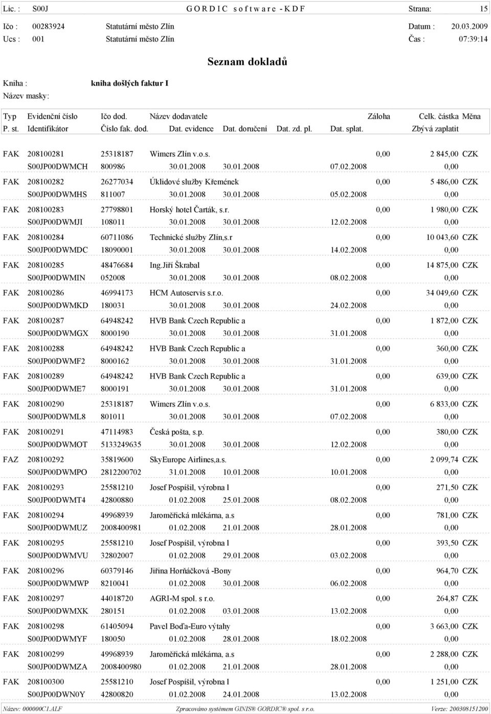 r 0,00 10 043,60 CZK S00JP00DWMDC 18090001 30.01.2008 30.01.2008 14.02.2008 0,00 FAK 208100285 48476684 Ing.Jiøí Škrabal 0,00 14 875,00 CZK S00JP00DWMIN 052008 30.01.2008 30.01.2008 08.02.2008 0,00 FAK 208100286 46994173 HCM Autoservis s.