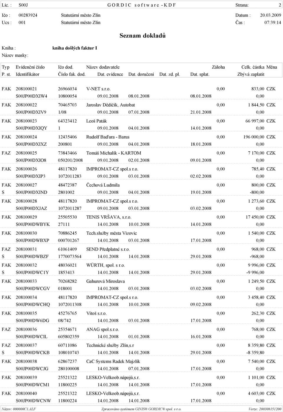 01.2008 04.01.2008 14.01.2008 0,00 FAK 208100024 12435406 Rudolf Baïura - Barus 0,00 196 000,00 CZK S00JP00DXIXZ 200801 09.01.2008 04.01.2008 18.01.2008 0,00 FAZ 208100025 73843466 Tomáš Michalík - KARTOM 0,00 7 170,00 CZK S00JP00DXIO8 050201/2008 09.