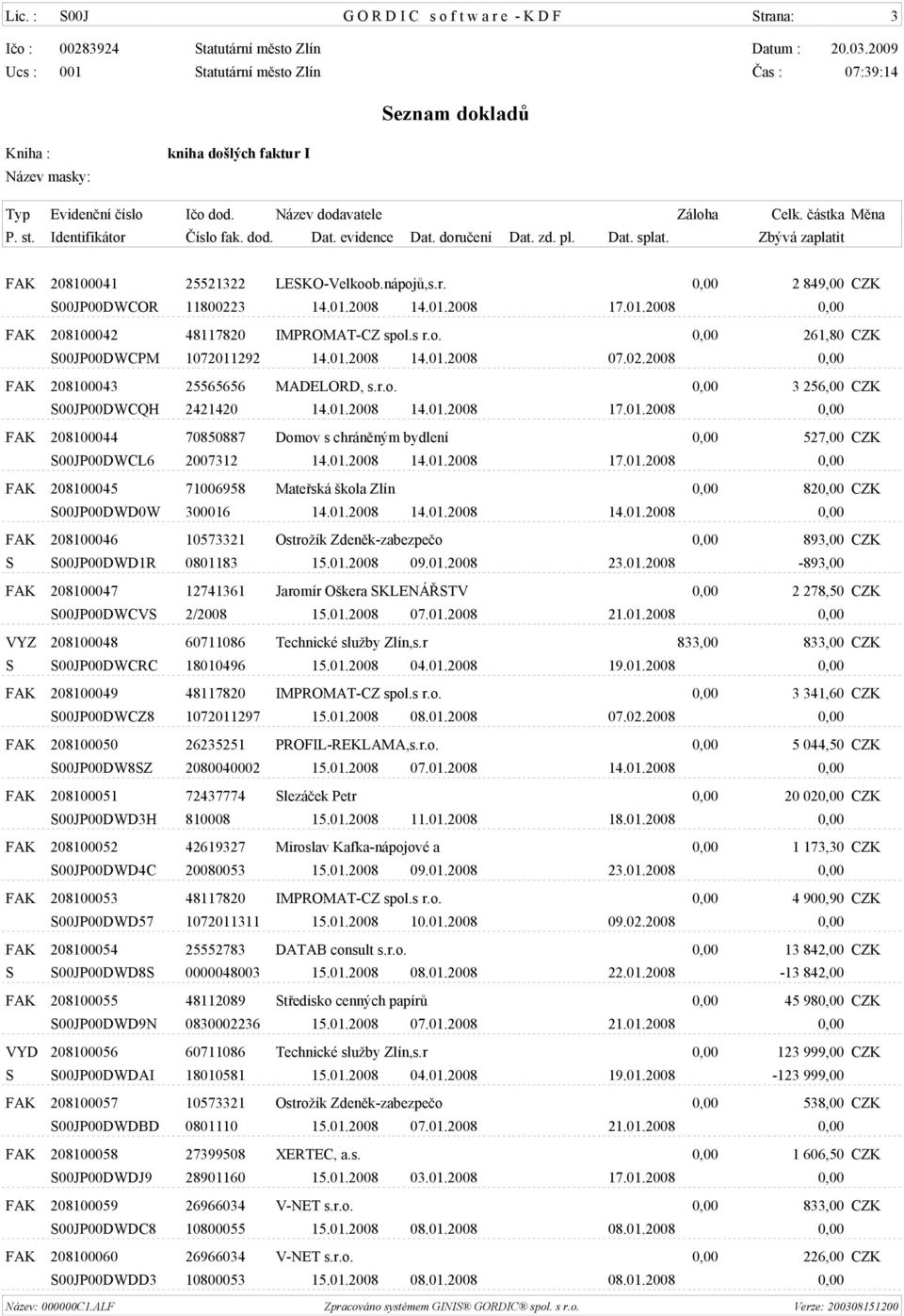 01.2008 14.01.2008 17.01.2008 0,00 FAK 208100044 70850887 Domov s chránìným bydlení 0,00 527,00 CZK S00JP00DWCL6 2007312 14.01.2008 14.01.2008 17.01.2008 0,00 FAK 208100045 71006958 Mateøská škola Zlín 0,00 820,00 CZK S00JP00DWD0W 300016 14.