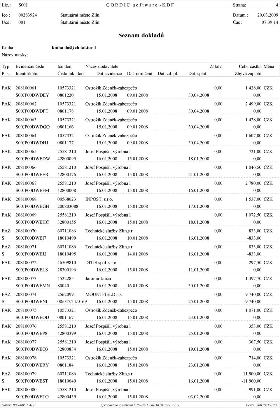 2008 0,00 FAK 208100063 10573321 Ostrožík Zdenìk-zabezpeèo 0,00 1 428,00 CZK S00JP00DWDGO 0801166 15.01.2008 09.01.2008 30.04.