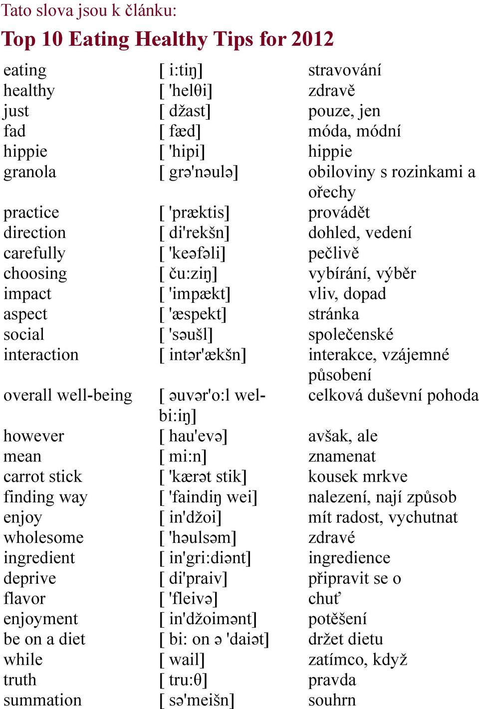 'keəfəli] [ ču:ziŋ] [ 'impækt] [ 'æspekt] [ 'səušl] [ intər'ækšn] [ əuvər'o:l welbi:iŋ] [ hau'evə] [ mi:n] [ 'kærət stik] [ 'faindiŋ wei] [ in'džoi] [ 'həulsəm] [ in'gri:diənt] [ di'praiv] [ 'fleivə]