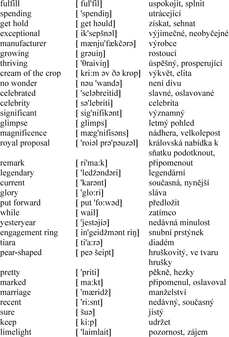 kri:m əv ðə krop] [ nəu 'wandə] [ 'seləbreitid] [ sə'lebriti] [ sig'nifikənt] [ glimps] [ mæg'nifisəns] [ 'roiəl prə'pəuzəl] [ ri'ma:k] [ 'ledžəndəri] [ 'karənt] [ 'glo:ri] [ put 'fo:wəd] [ wail] [