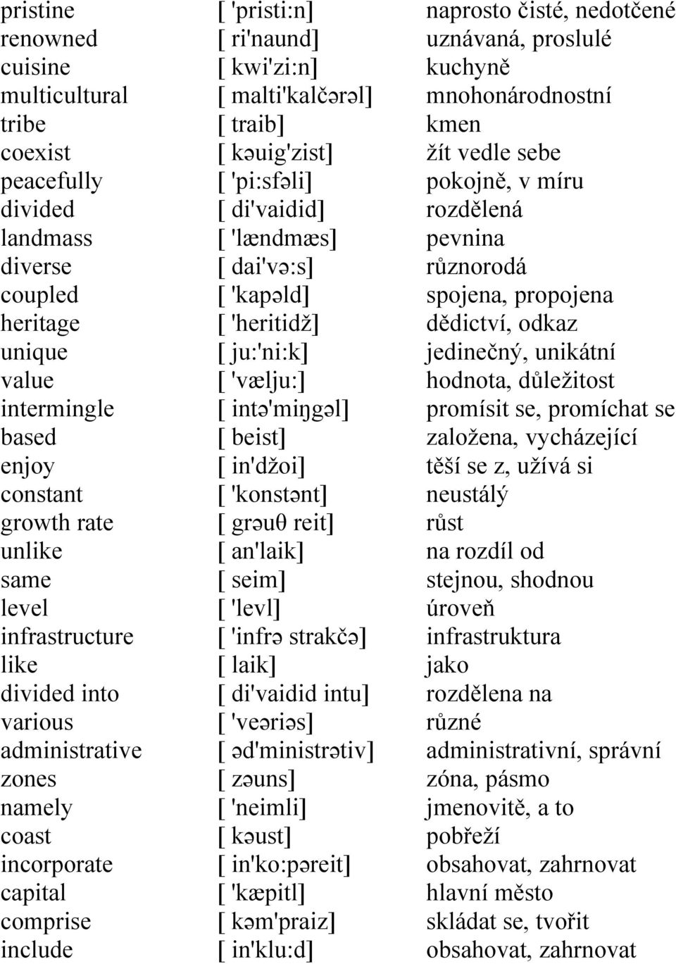 di'vaidid] [ 'lændmæs] [ dai'və:s] [ 'kapəld] [ 'heritidž] [ ju:'ni:k] [ 'vælju:] [ intə'miŋgəl] [ beist] [ in'džoi] [ 'konstənt] [ grəuθ reit] [ an'laik] [ seim] [ 'levl] [ 'infrə strakčə] [ laik] [