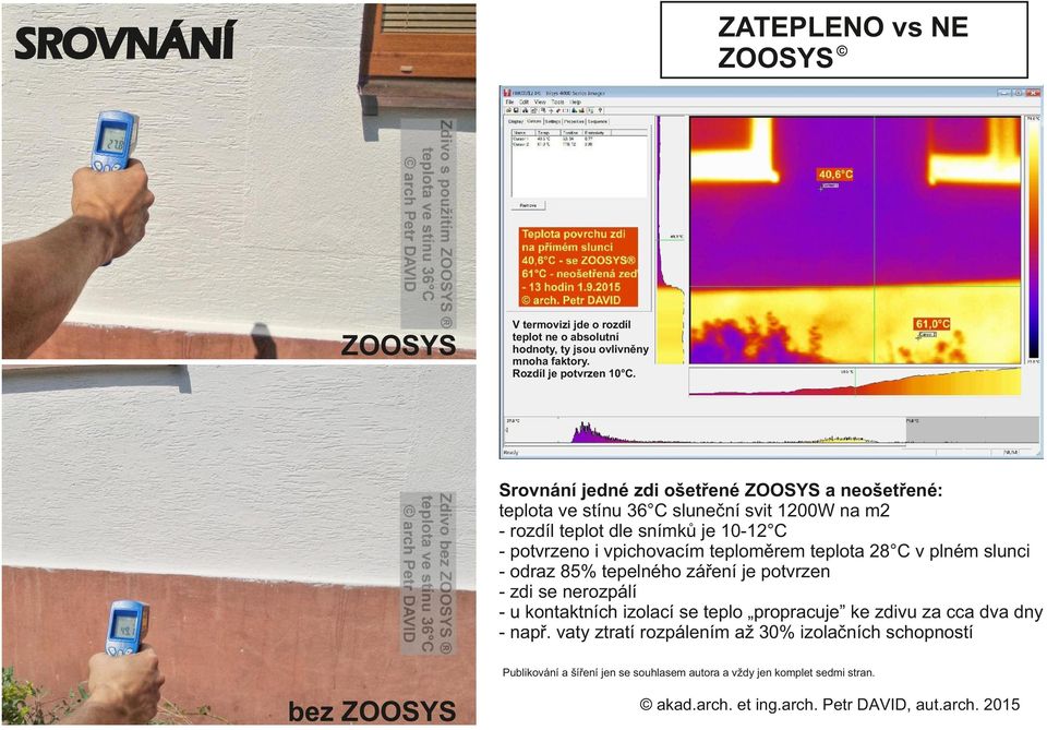 Srovnání jedné zdi ošetřené ZOOSYS a neošetřené: teplota ve stínu 36 C sluneční svit 1200W na m2 - rozdíl teplot dle snímků je 10-12 C