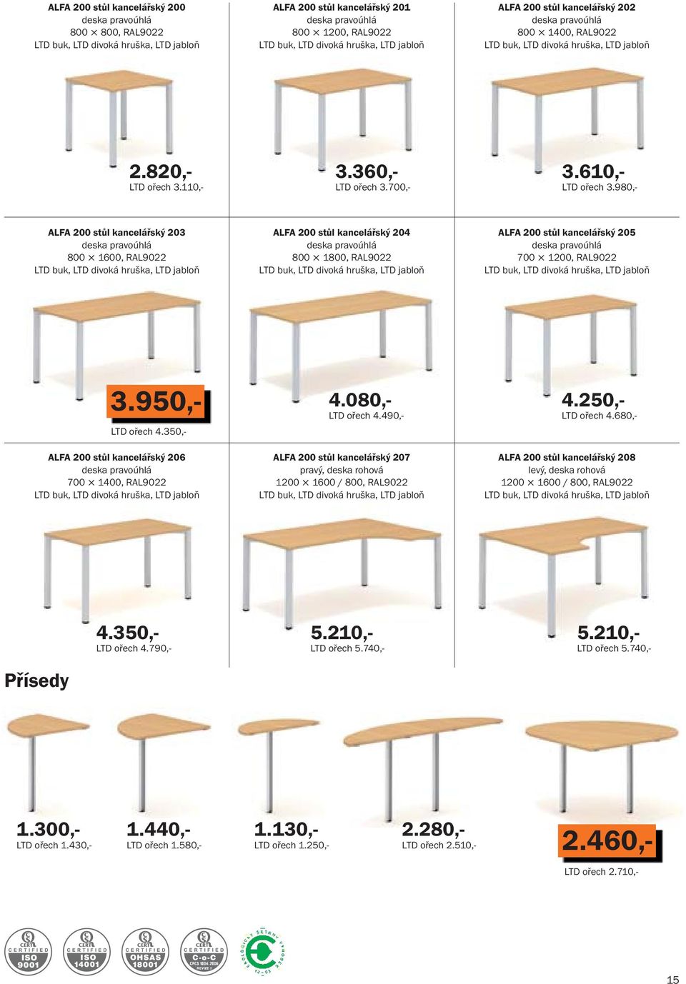 950,- ALFA 200 stůl kancelářský 206 700 1400, ALFA 200 stůl kancelářský 207 pravý, deska rohová 1200 1600 / 800, ALFA 200 stůl kancelářský 208 levý, deska rohová 1200 1600 / 800, Přísedy LTD ořech