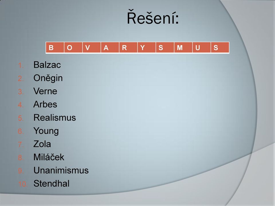 Arbes 5. Realismus 6. Young 7.