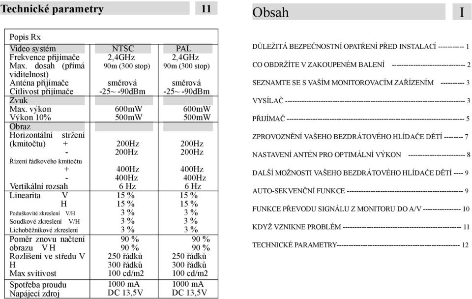 znovu načtení obrazu V H Rozlišení ve středu V H Max svítivost Spotřeba proudu Napájecí zdroj NTSC 2,4GHz 90m (300 stop) směrová -25~ -90dBm 600mW 500mW 200Hz 200Hz 400Hz 400Hz 6 Hz 15 % 15 % 90 % 90