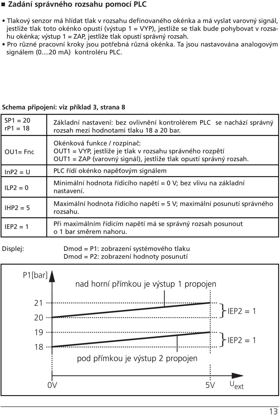 chema připojení: viz příklad 3, strana 8 P1 = 20 rp1 = 18 OU1= Fnc InP2 = U ILP2 = 0 IHP2 = 5 IEP2 = 1 Displej: P1[bar] Základní nastavení: bez ovlivnění kontrolérem PLC se nachází správný rozsah