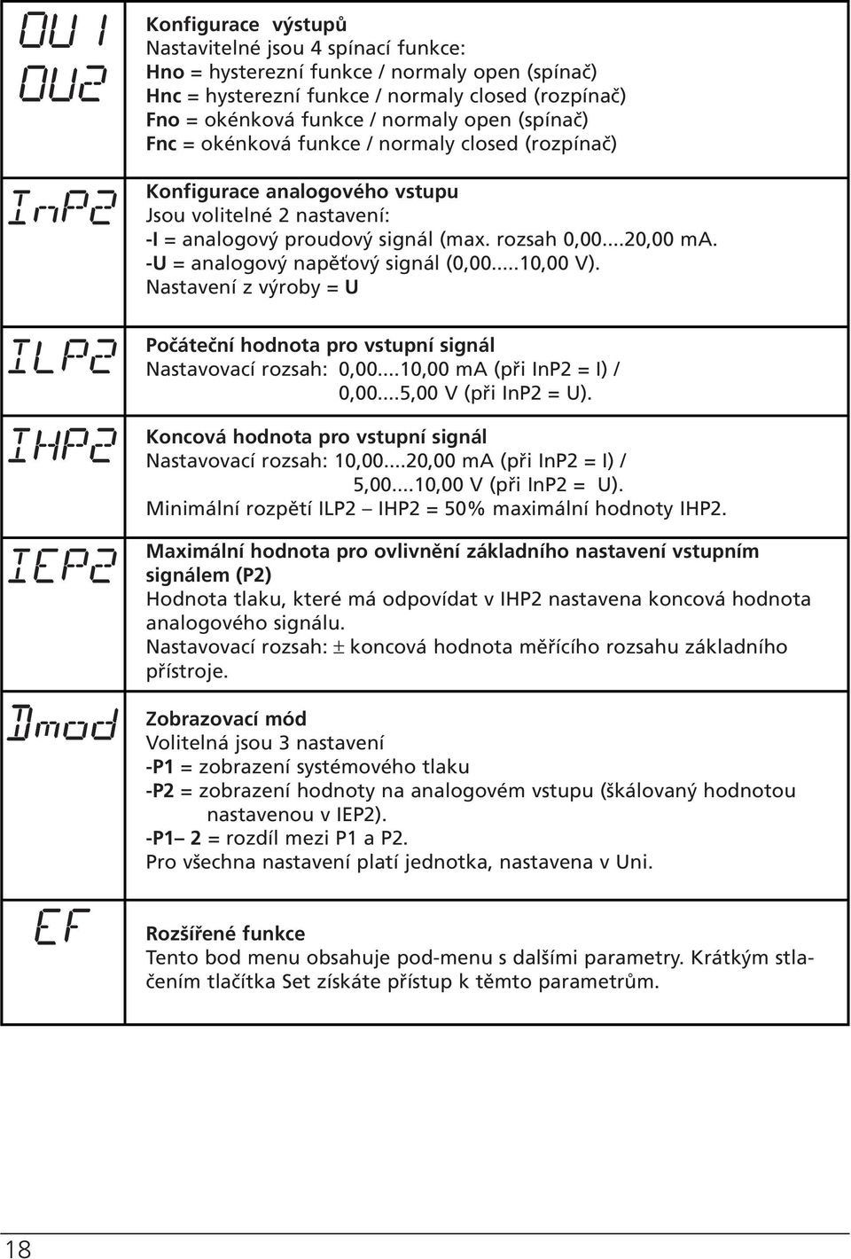 -U = analogový napěťový signál (0,00...10,00 V). Nastavení z výroby = U Počáteční hodnota pro vstupní signál Nastavovací rozsah: 0,00...10,00 ma (při InP2 = I) / 0,00...5,00 V (při InP2 = U).
