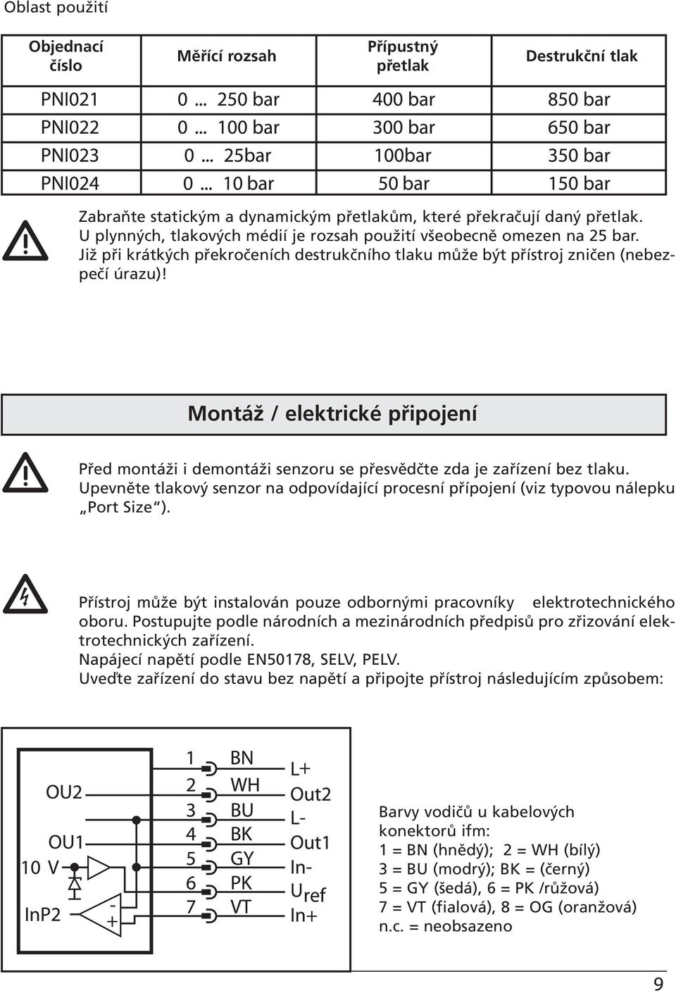 ontáž / elektrické připojení Před montáži i demontáži senzoru se přesvědčte zda je zařízení bez tlaku. Upevněte tlakový senzor na odpovídající procesní přípojení (viz typovou nálepku Port ize ).