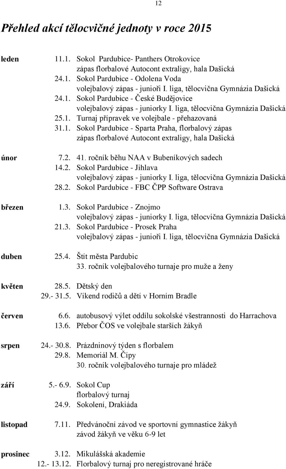 liga, tělocvična Gymnázia Dašická 25.1. Turnaj přípravek ve volejbale - přehazovaná 31.1. Sokol Pardubice - Sparta Praha, florbalový zápas zápas florbalové Autocont extraligy, hala Dašická 7.2. 41.