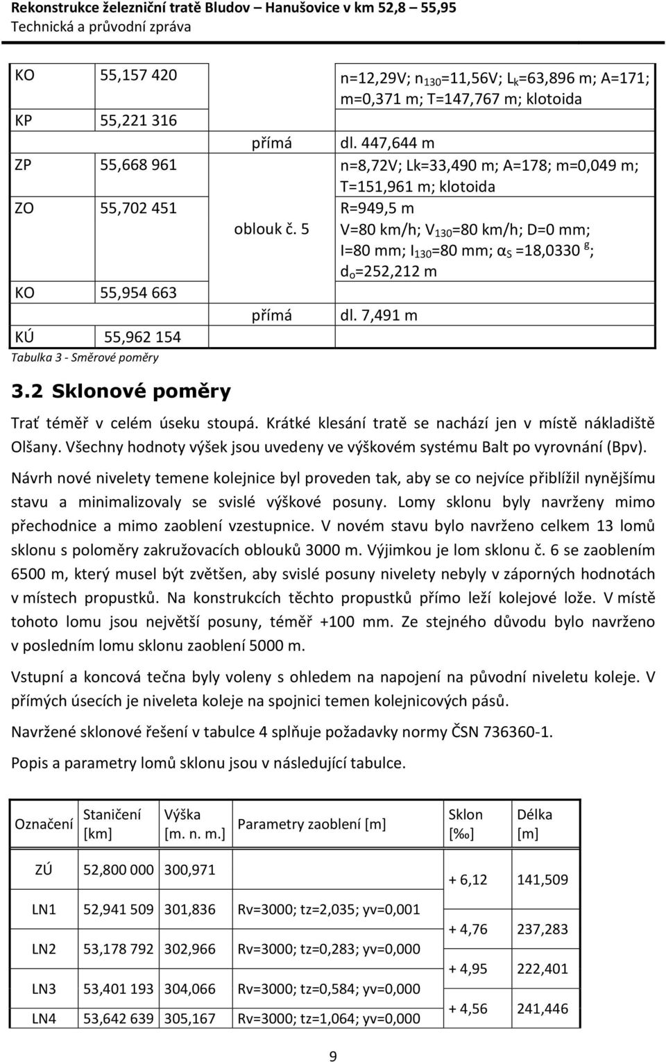 2 Sklonové poměry přímá V=80 km/h; V 130 =80 km/h; D=0 mm; I=80 mm; I 130 =80 mm; α S =18,0330 g ; d o =252,212 m dl. 7,491 m Trať téměř v celém úseku stoupá.