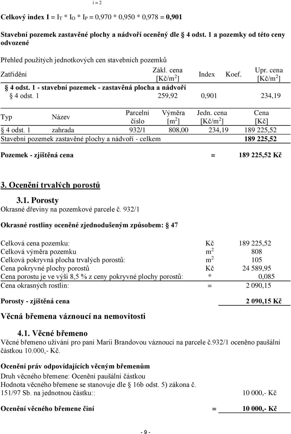 1 - stavební pozemek - zastavěná plocha a nádvoří 4 odst. 1 259,92 0,901 234,19 Parcelní Výměra Jedn. cena Cena Typ Název číslo [m 2 ] [Kč/m 2 ] [Kč] 4 odst.