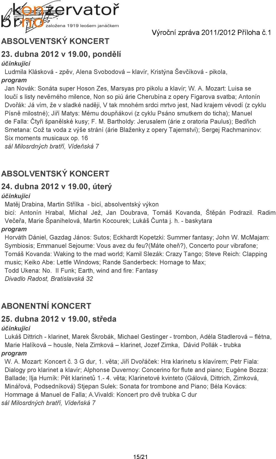 Mozart: Luisa se loučí s listy nevěrného milence, Non so piú árie Cherubína z opery Figarova svatba; Antonín Dvořák: Já vím, že v sladké naději, V tak mnohém srdci mrtvo jest, Nad krajem vévodí (z