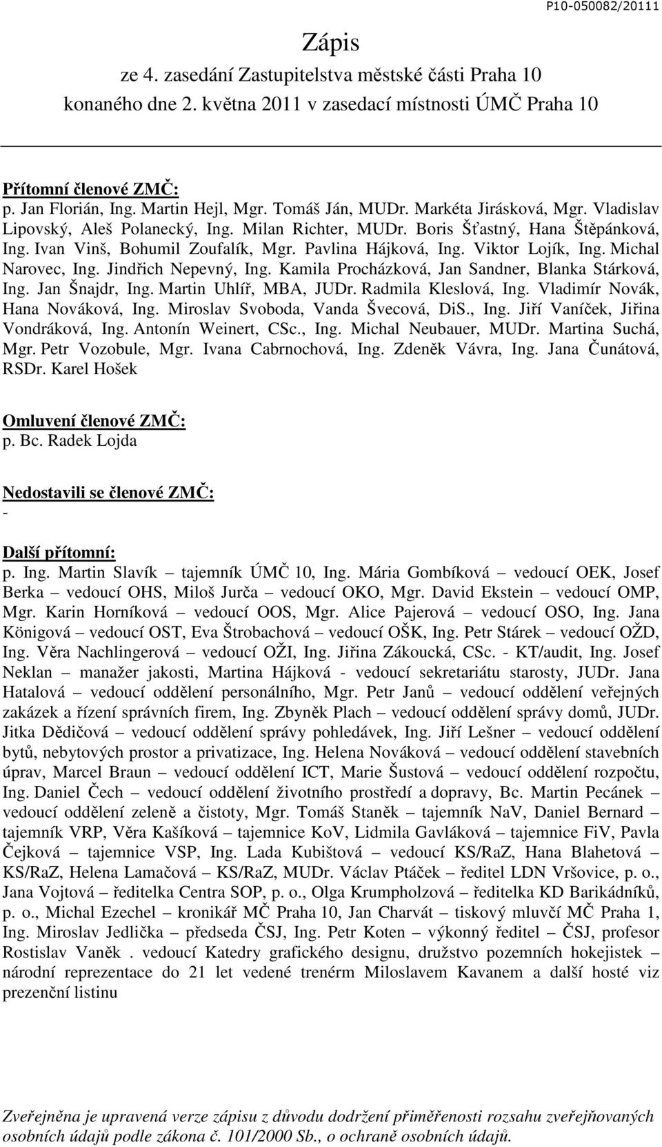 Viktor Lojík, Ing. Michal Narovec, Ing. Jindřich Nepevný, Ing. Kamila Procházková, Jan Sandner, Blanka Stárková, Ing. Jan Šnajdr, Ing. Martin Uhlíř, MBA, JUDr. Radmila Kleslová, Ing.