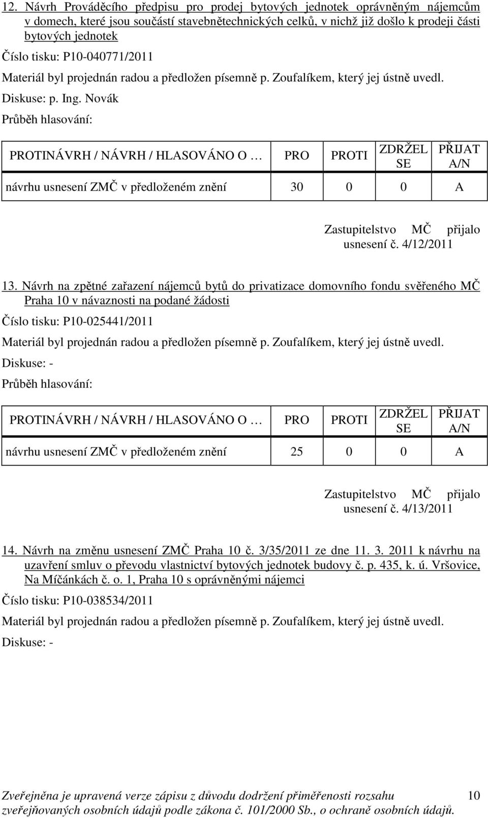 Návrh na zpětné zařazení nájemců bytů do privatizace domovního fondu svěřeného MČ Praha 10 v návaznosti na podané žádosti Číslo tisku: P10-025441/2011 návrhu usnesení ZMČ v předloženém znění 25 0 0