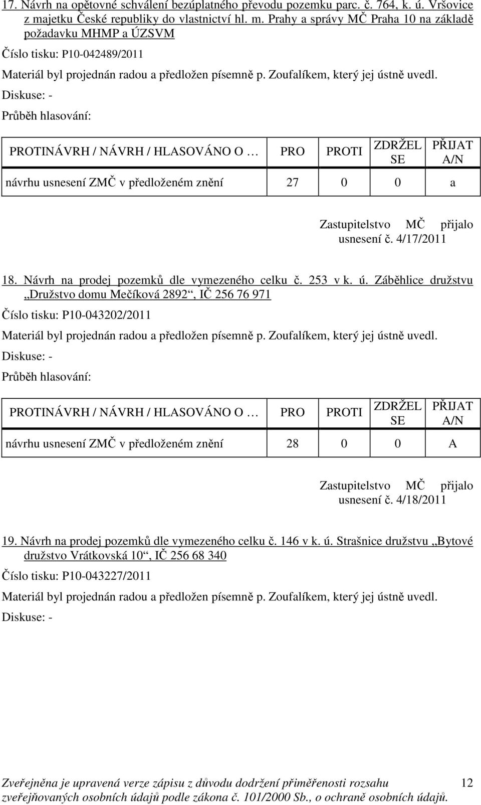 Prahy a správy MČ Praha 10 na základě požadavku MHMP a ÚZSVM Číslo tisku: P10-042489/2011 návrhu usnesení ZMČ v předloženém znění 27 0 0 a usnesení č. 4/17/2011 18.