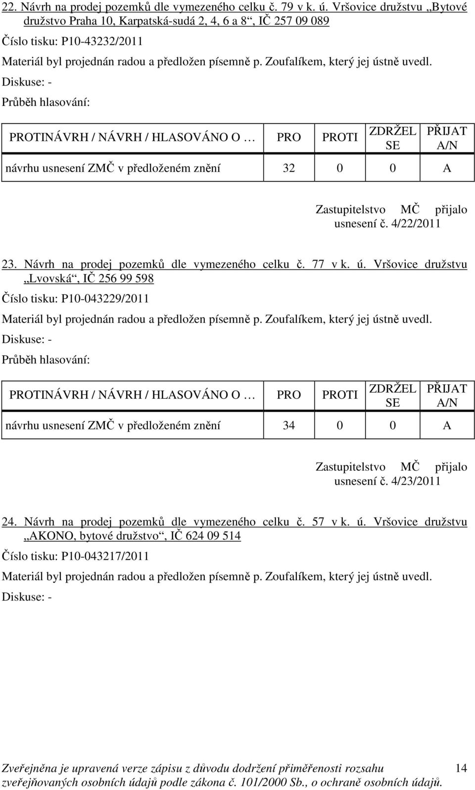 znění 32 0 0 A usnesení č. 4/22/2011 23. Návrh na prodej pozemků dle vymezeného celku č. 77 v k. ú.