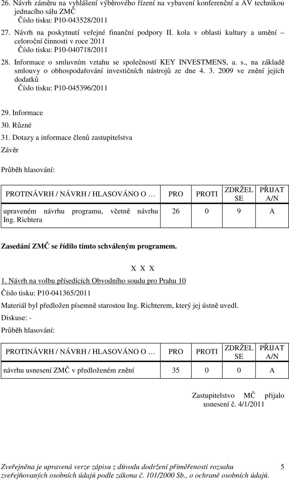 3. 2009 ve znění jejích dodatků Číslo tisku: P10-045396/2011 29. Informace 30. Různé 31. Dotazy a informace členů zastupitelstva Závěr upraveném návrhu programu, včetně návrhu Ing.