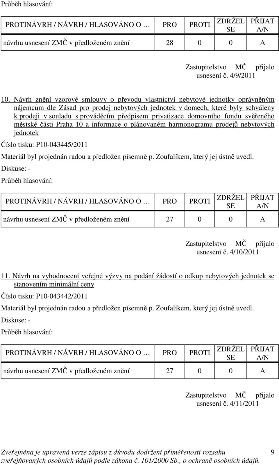 s prováděcím předpisem privatizace domovního fondu svěřeného městské části Praha 10 a informace o plánovaném harmonogramu prodejů nebytových jednotek Číslo tisku: P10-043445/2011