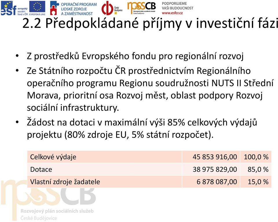 oblast podpory Rozvoj sociální infrastruktury.