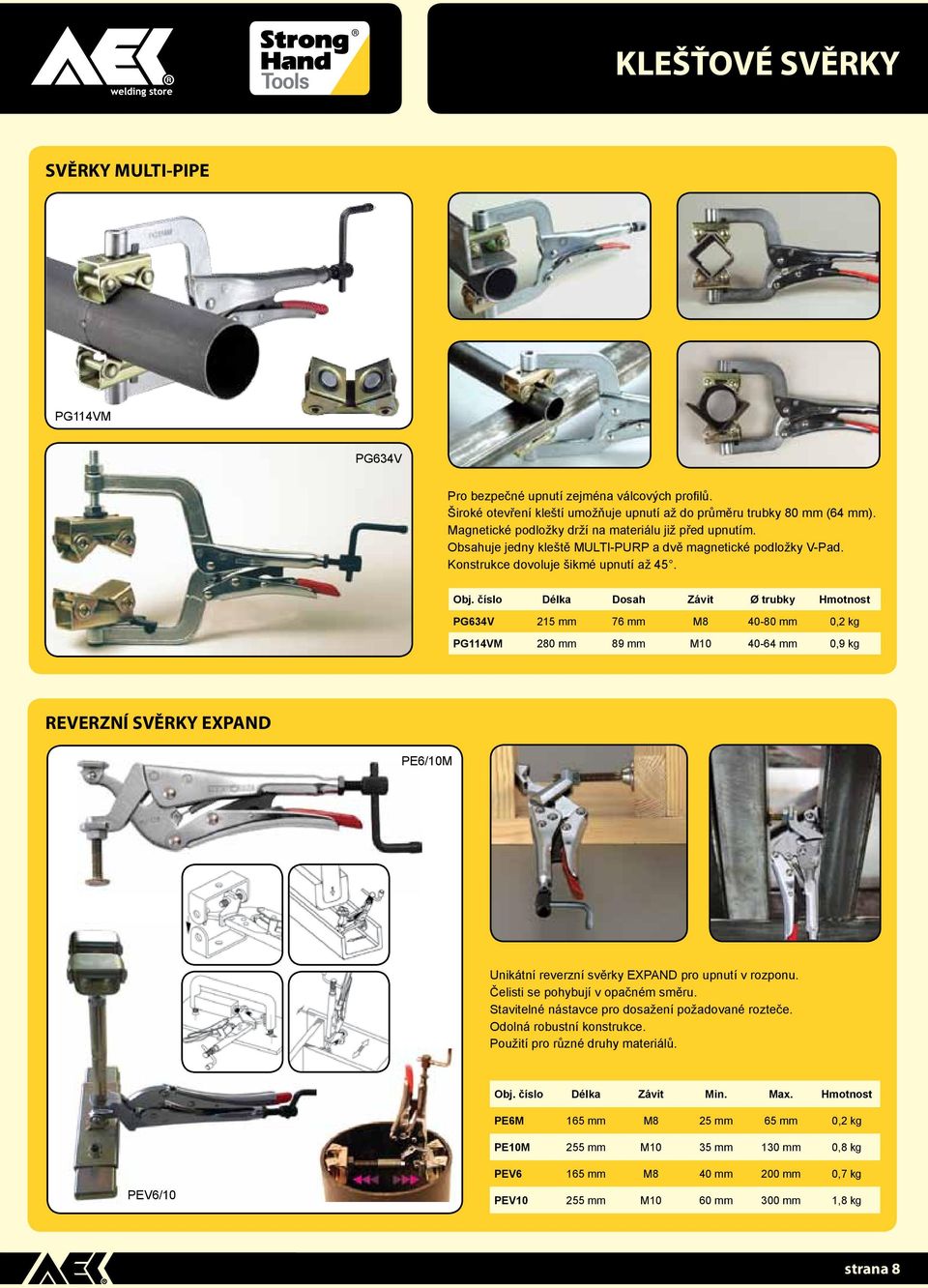 číslo Délka Dosah Závit Ø trubky Hmotnost PG634V 215 mm 76 mm M8 40-80 mm 0,2 kg PG114VM 280 mm 89 mm M10 40-64 mm 0,9 kg REVERZNÍ SVĚRKY EXPAND PE6/10M Unikátní reverzní svěrky EXPAND pro upnutí v