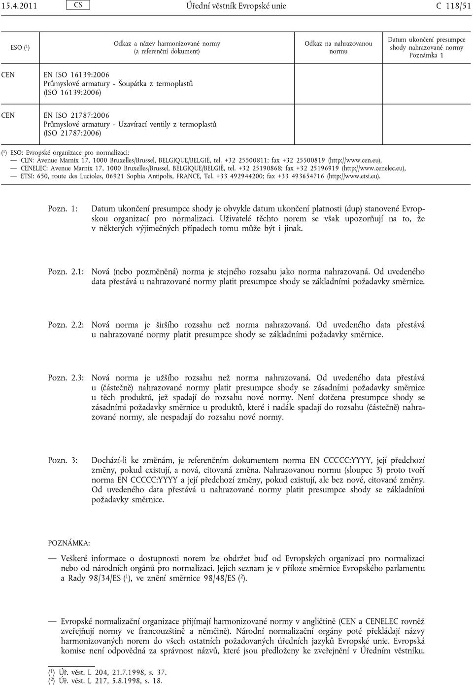 eu), ELEC: Avenue Marnix 17, 1000 Bruxelles/Brussel, BELGIQUE/BELGIË, tel. +32 25190868; fax +32 25196919 (http://www.cenelec.eu), ETSI: 650, route des Lucioles, 06921 Sophia Antipolis, FRANCE, Tel.