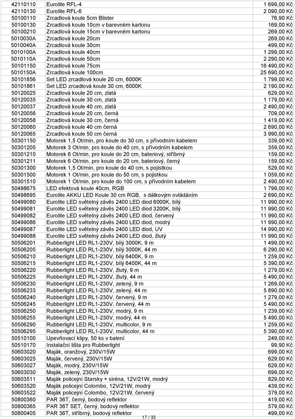 290,00 Kč 50101150 Zrcadlová koule 75cm 16 490,00 Kč 5010150A Zrcadlová koule 100cm 25 690,00 Kč 50101856 Set LED zrcadlová koule 20 cm, 6000K 1 799,00 Kč 50101861 Set LED zrcadlová koule 30 cm,