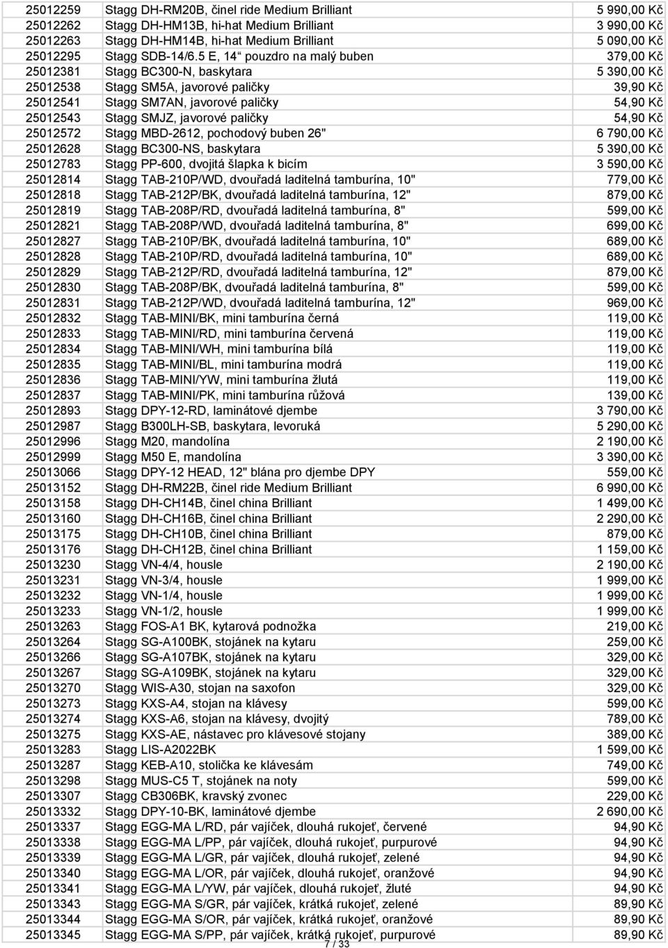 5 E, 14 pouzdro na malý buben 379,00 Kč 25012381 Stagg BC300-N, baskytara 5 390,00 Kč 25012538 Stagg SM5A, javorové paličky 39,90 Kč 25012541 Stagg SM7AN, javorové paličky 54,90 Kč 25012543 Stagg