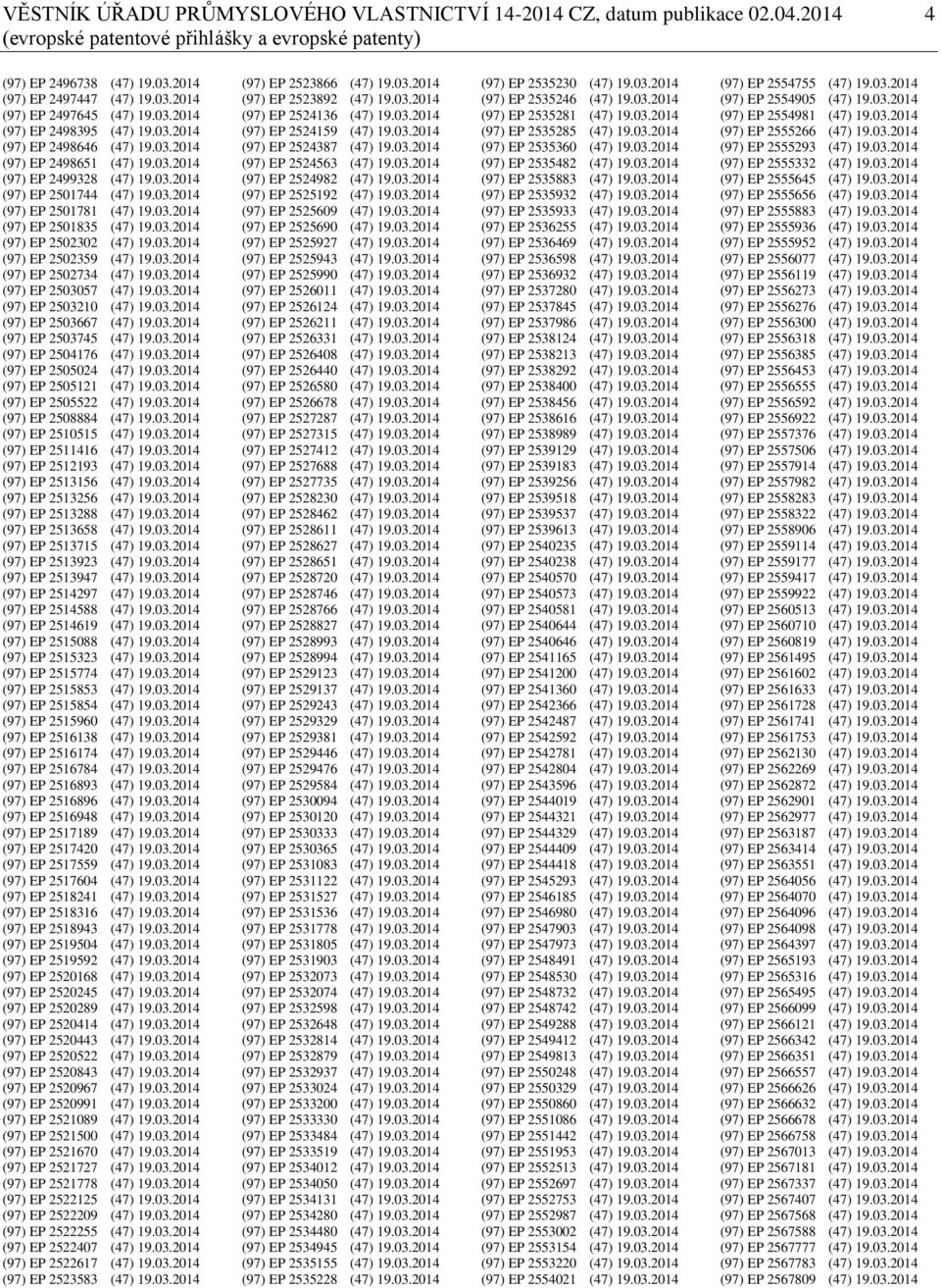 03.2014 (97) EP 2502302 (47) 19.03.2014 (97) EP 2502359 (47) 19.03.2014 (97) EP 2502734 (47) 19.03.2014 (97) EP 2503057 (47) 19.03.2014 (97) EP 2503210 (47) 19.03.2014 (97) EP 2503667 (47) 19.03.2014 (97) EP 2503745 (47) 19.