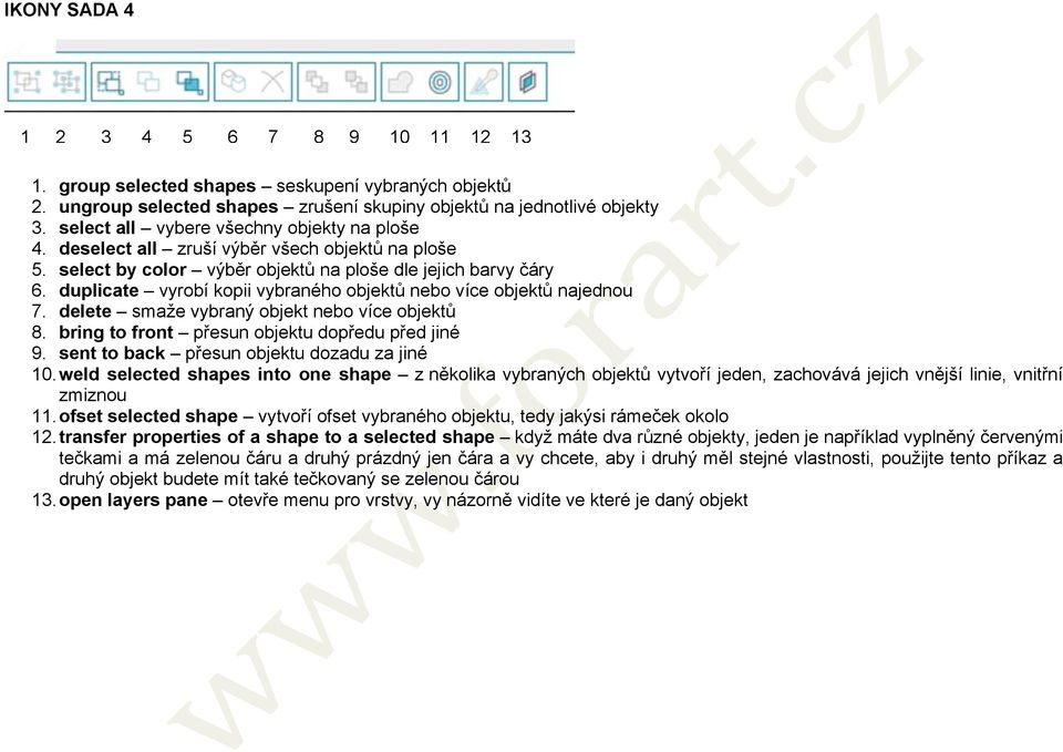 duplicate vyrobí kopii vybraného objektů nebo více objektů najednou 7. delete smaže vybraný objekt nebo více objektů 8. bring to front přesun objektu dopředu před jiné 9.