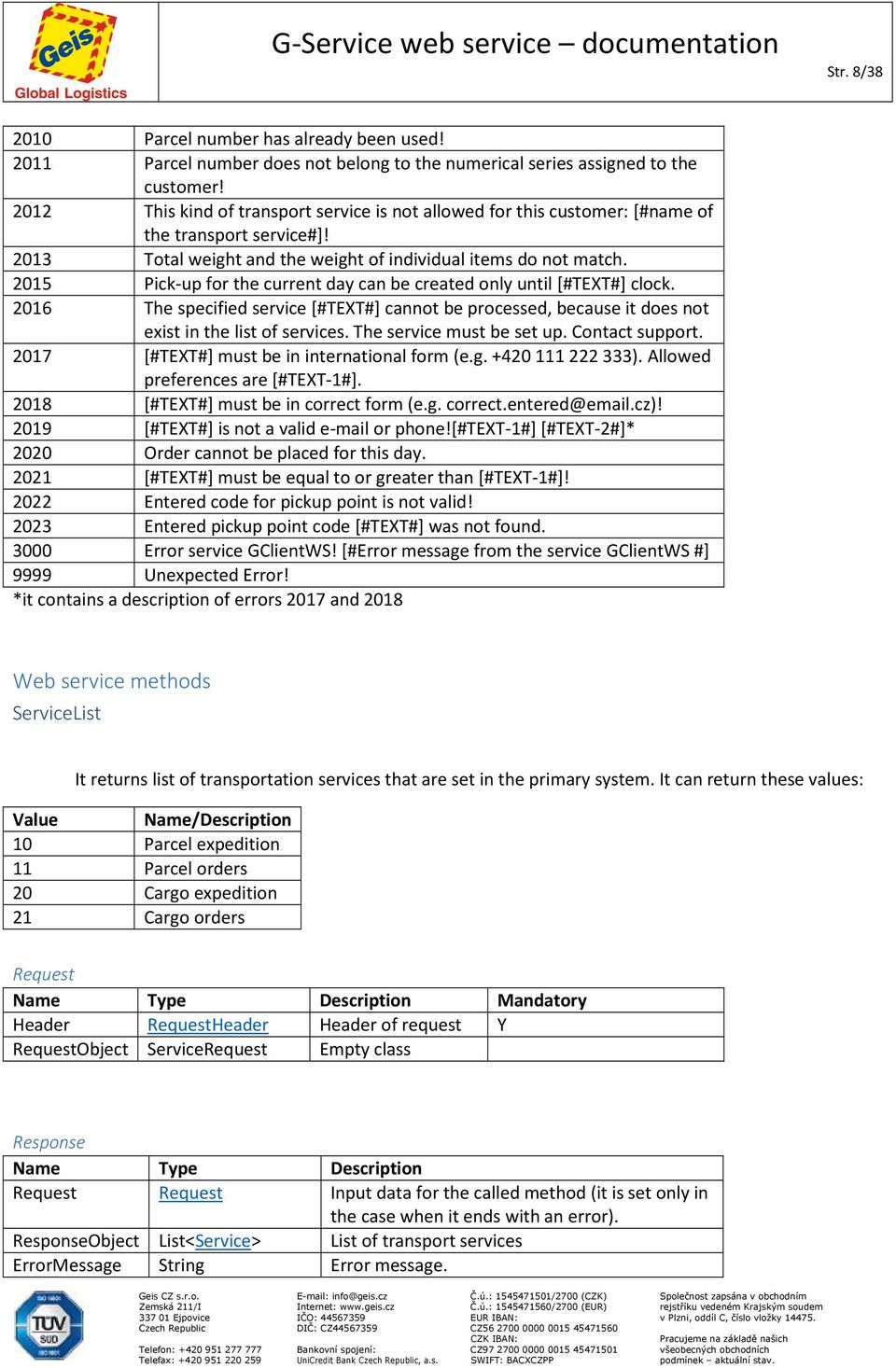 2015 Pick-up for the current day can be created only until [#TEXT#] clock. 2016 The specified service [#TEXT#] cannot be processed, because it does not exist in the list of services.