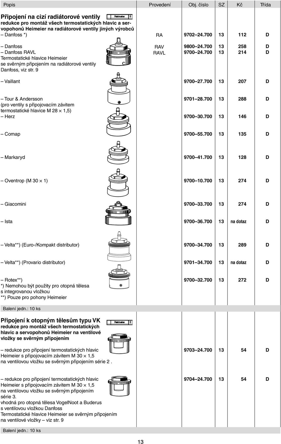 Termostatické hlavice Heimeier se svěrným připojením na radiátorové ventily Danfoss, viz str. 9 Vaillant RA RAV RAVL 970224.700 13 112 D 980024.700 13 258 D 970024.700 13 214 D 970027.